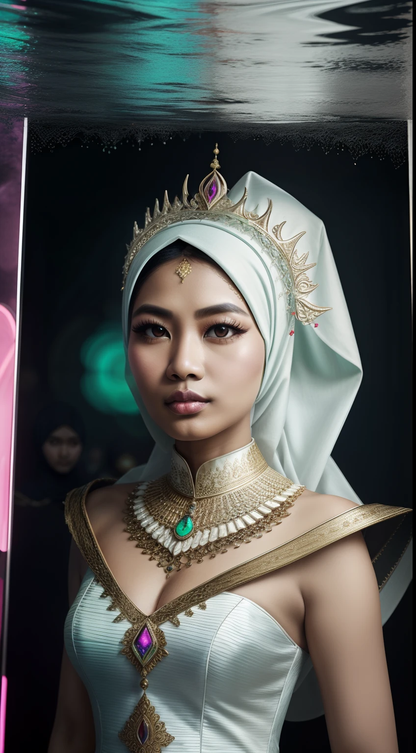 Design a surrealistic portrait of the Malay woman in her white dragon queen ensemble with hijab, with a mirror-like surface reflecting the neon hues below, creating a mesmerizing and dreamlike atmosphere.
