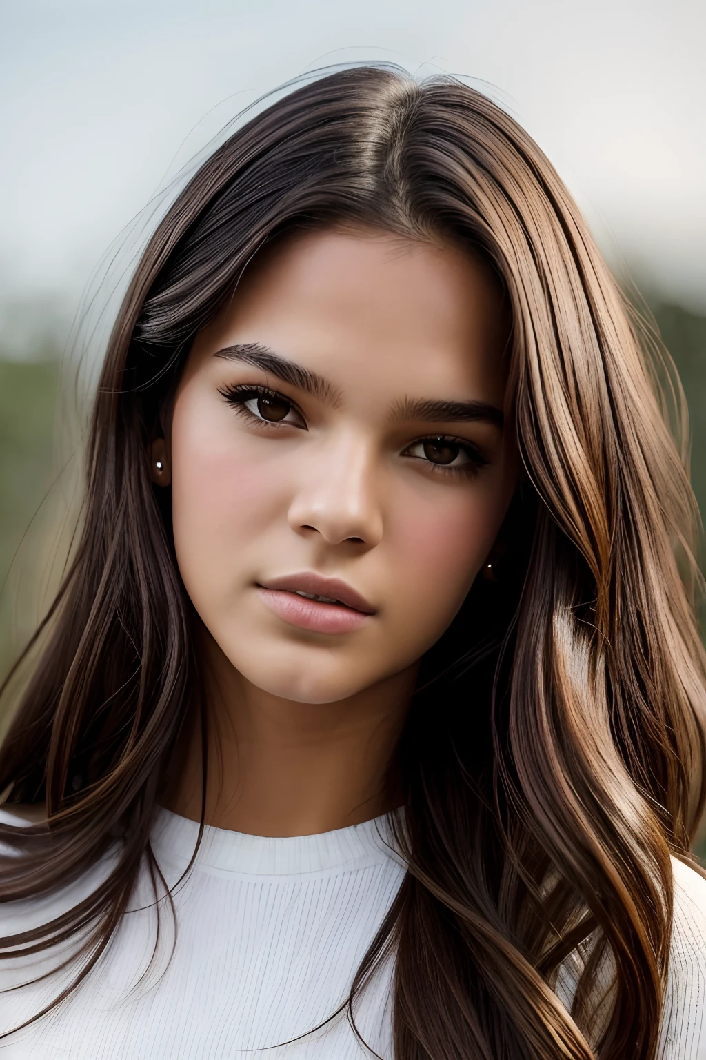 Photograph of a beautiful girl, 18 years old, fair skin, slender body, wavy brown hair, long hair, stylish feminine haircut, attractive face, young feminine face, dark brown eyes, serious features, straight nose, detailed face, lips fleshy, thin face, wearing feminine casual clothes, posing for a photo, background image with neutral color, edited in Adobe Premiere, Bruna Marquezine 8k