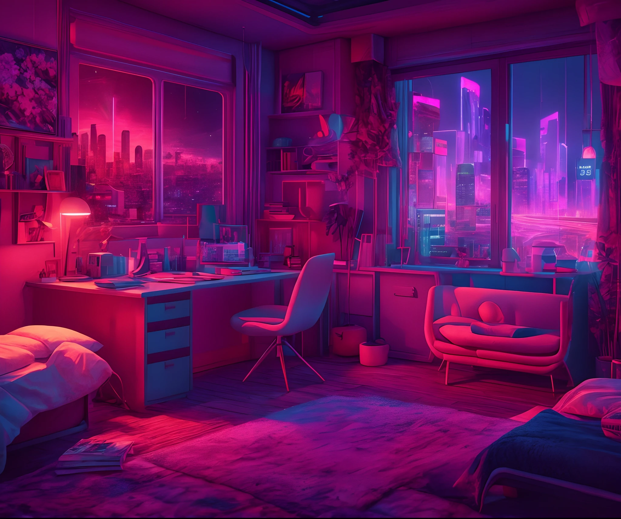 ((masterpiece)), (ultra-detailed), (intricate details), (high resolution CGI artwork 8k), Create an image of a small realistic antique (bedroom) at nighttime with warm and pastel coloring and light. One of the walls should feature a big window with a busy, colorful, and detailed (cyberpunk), synthwave, neon cityscape. The city should have a futuristic style with lots of colors, neon lights, signs, and differently-sized buildings. The cityscape should be extremely detailed with depth of field. The city should have a lot of visual interest with many small details. Utilize atmospheric and ambient lighting to create depth and evoke the feel of a busy futuristic city outside the window. Pay close attention to details like intricate, hires eyes and 90s bedroom accents. Camera: wide shot showing the bed or desk and the window. The window should be the focal point of the image. Lighting: use atmospheric and volumetric lighting to enhance the cityscape details. The room should be illuminated by the neon lights from the cityscape.