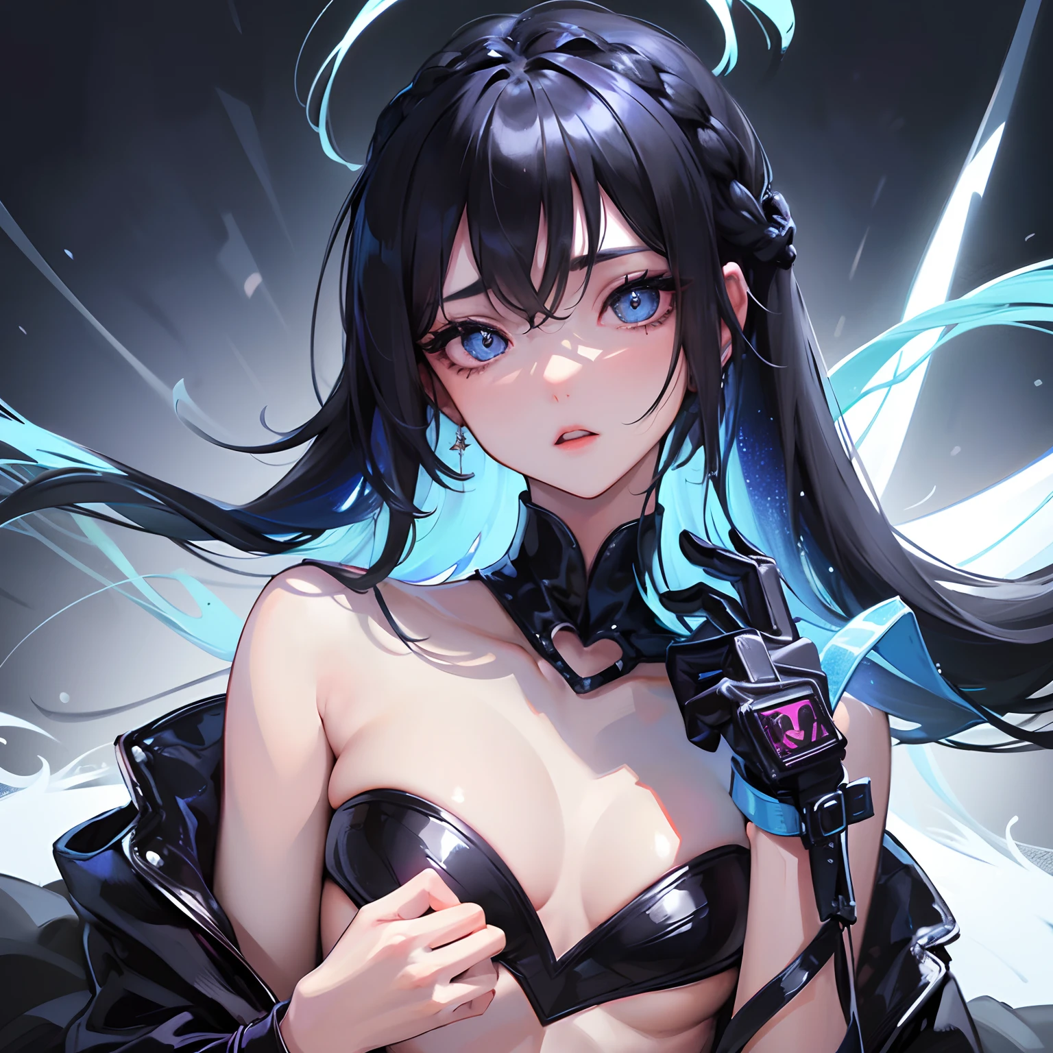 finest image, portrait, female, sexy, beautiful, cute, flat chest, abs, amorous expression, lewd expression, orgasm, black glossy braided bangs hair, blue sparkling big eyes, double eyelids, professional lighting