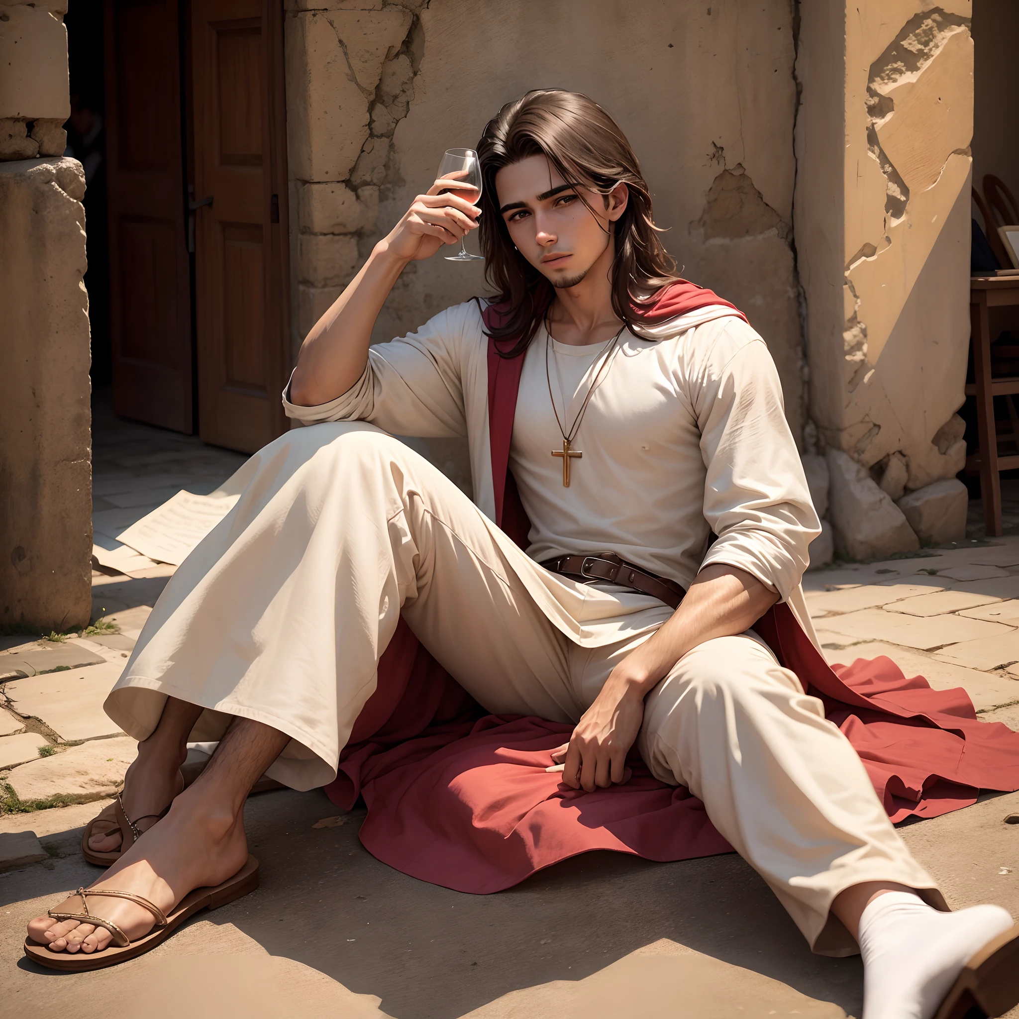 Young man drunk in the streets of Nazareth, com roupas da epoca de Jesus, The jobem is sitting on the floor with a glass of wine