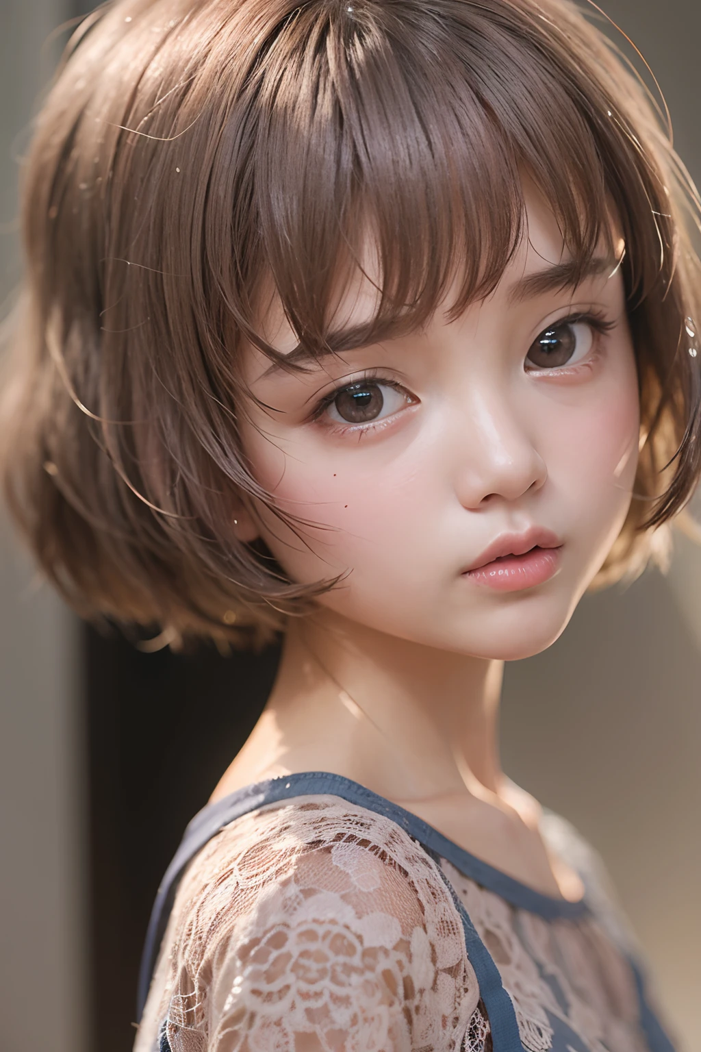 An emotion a playfully animated character,brown hair,eyes browns,short,glad,curly hair