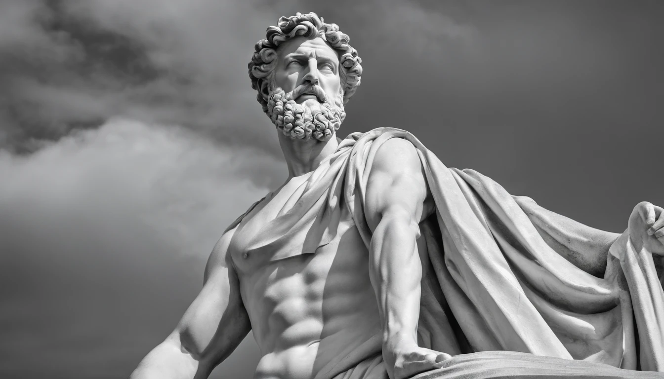 a statue of the stoic Marcus Aurelius in black and white 4K, papel de parede super realista, sem camisa, corpo forte,barriga forte, corpo todo,