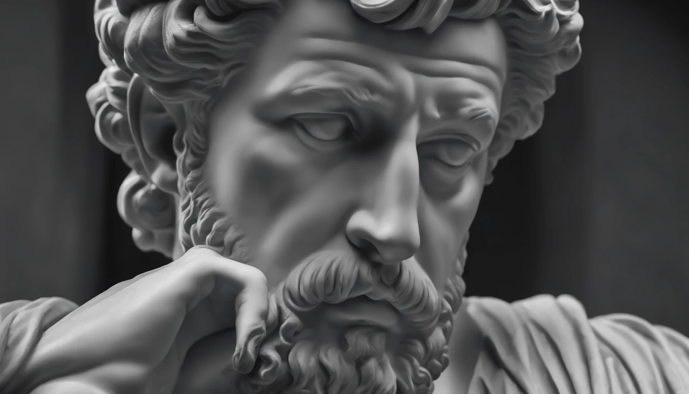 a statue of the stoic Marcus Aurelius in black and white 4K, papel de parede super realista, sem camisa, corpo forte,barriga forte, corpo todo,