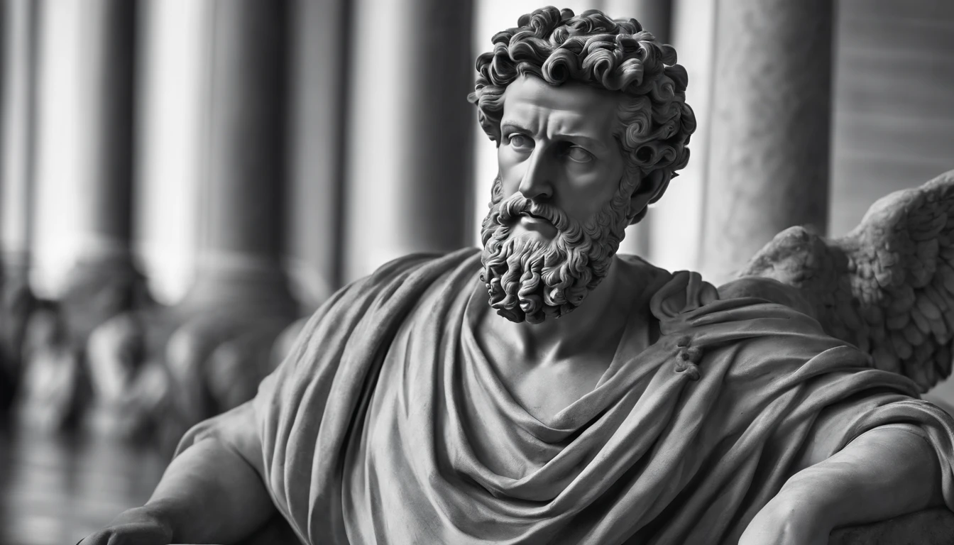 a statue of the stoic Marcus Aurelius in black and white 4K, papel de parede super realista, sem camisa, corpo forte,barriga forte, corpo todo,