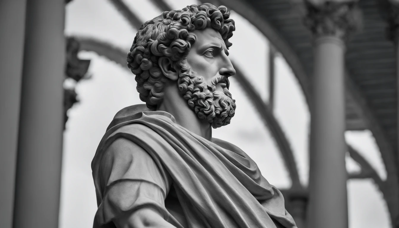 a statue of the stoic Marcus Aurelius in black and white 4K, papel de parede super realista, sem camisa, corpo forte,barriga forte, corpo todo,