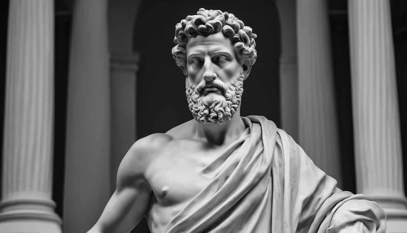 a statue of the stoic Marcus Aurelius in black and white 4K, papel de parede super realista, sem camisa, corpo forte,barriga forte, corpo todo,