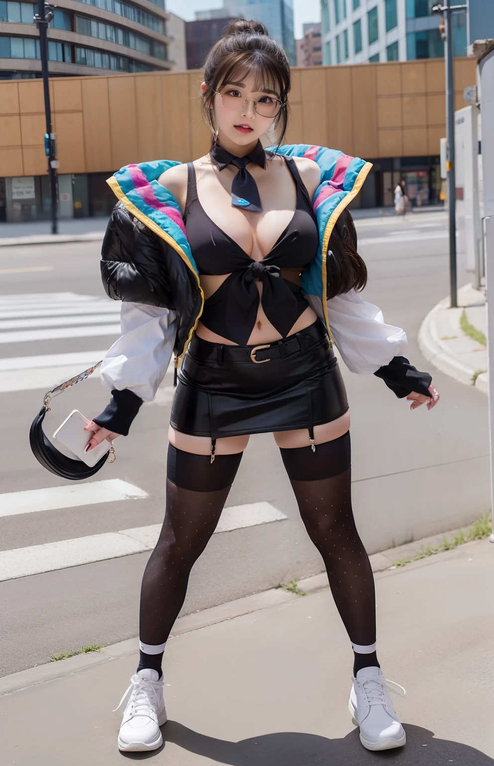 infp young woman、large full breasts、beautiful foot、Colorful hair、、Good Style、White tops、Tight mini skirt、Rectangular business glasses、neck tie、