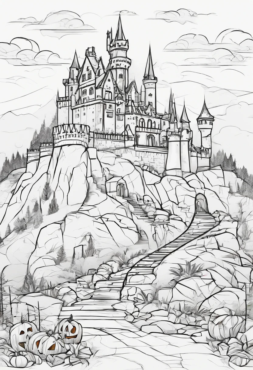 Cartoonish jack-o'-lantern、Dracula's Castle Background、high-level image quality、Precision painting、4K、Disney Style Art