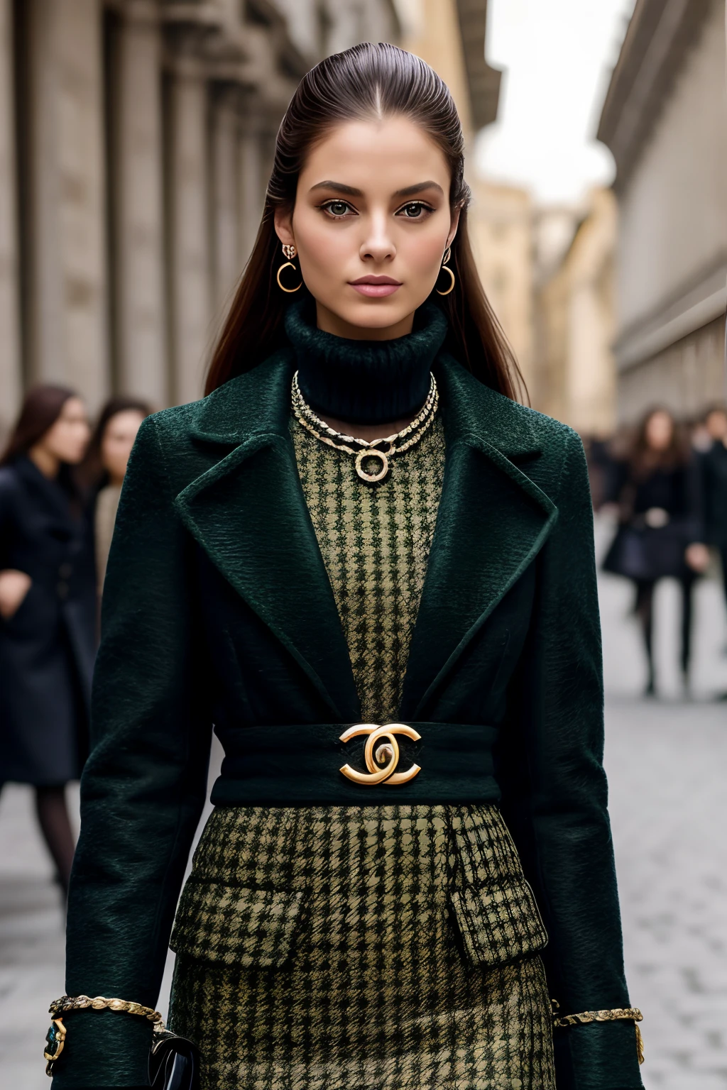 mulher branca, long hair up to the brunette waist, Wearing the winter collection inspired by Chanel and Prada, Milan Fashion Week, mfw, nyfw, roupa verde,Estilo Vogue, corpo todo, Feliz, arquetipo criativa, olhando para camera