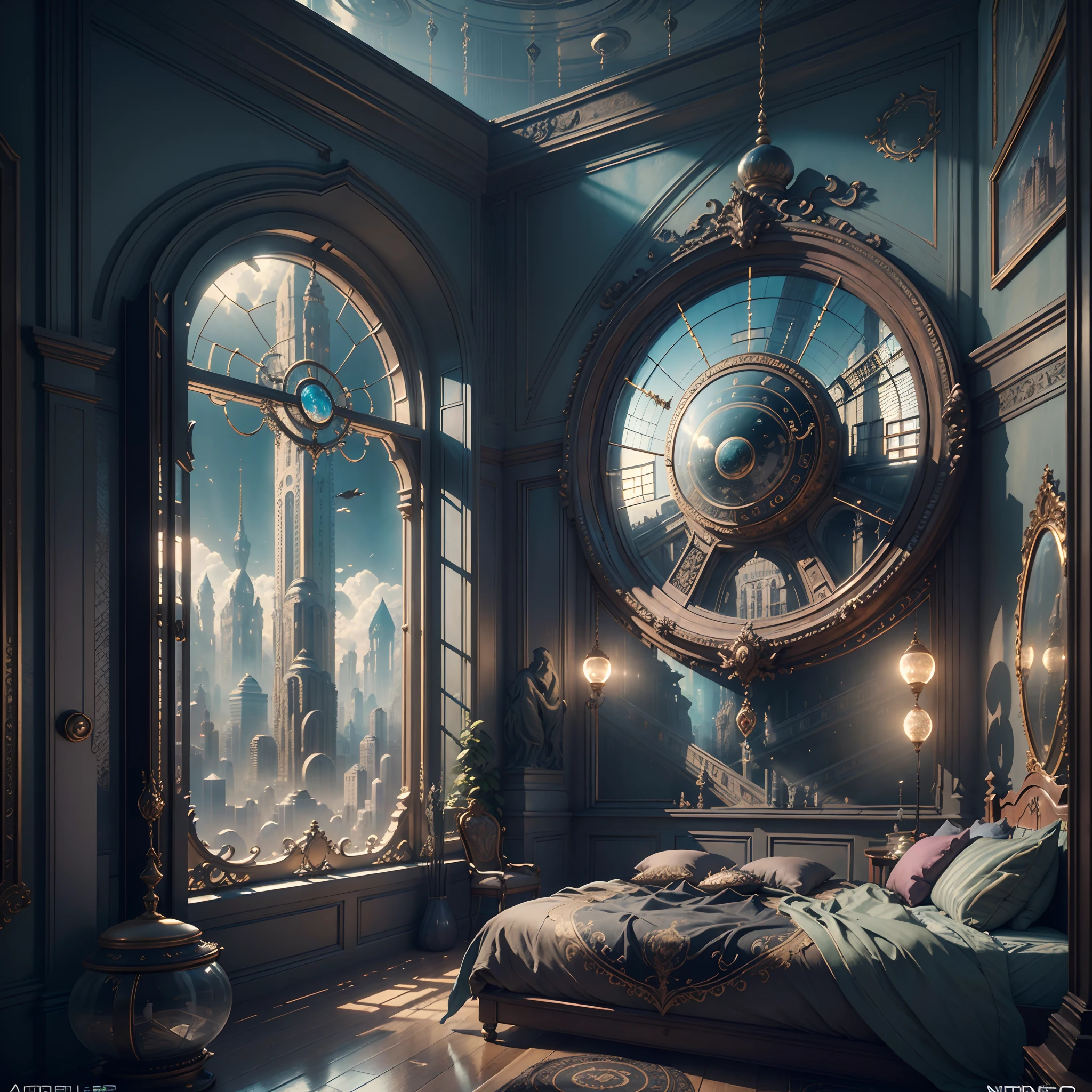 (((Generate an ornate bedroom in the style of Versailles with a big historical window.))) A hyperrealistic cyberpunk dreamscape cityscape is in the window. The cityscape is extremely detailed with many lights and LED neon colors and buildings of many different sizes. The cityscape has all colors of the rainbow and has hires interesting flying steampunk dirigibles. A giant steampunk standalone clock is seen ((through the window)). It is peaceful in the bedroom. The entire artwork is very realistic with many small details and enhancements. 3D render beeple, artstation and beeple highly, in fantasy sci-fi city, inspired by beeple, 8k, unreal engine unity CGI. Masterpiece and popular. Add many fantastical and beautiful details and nuances.