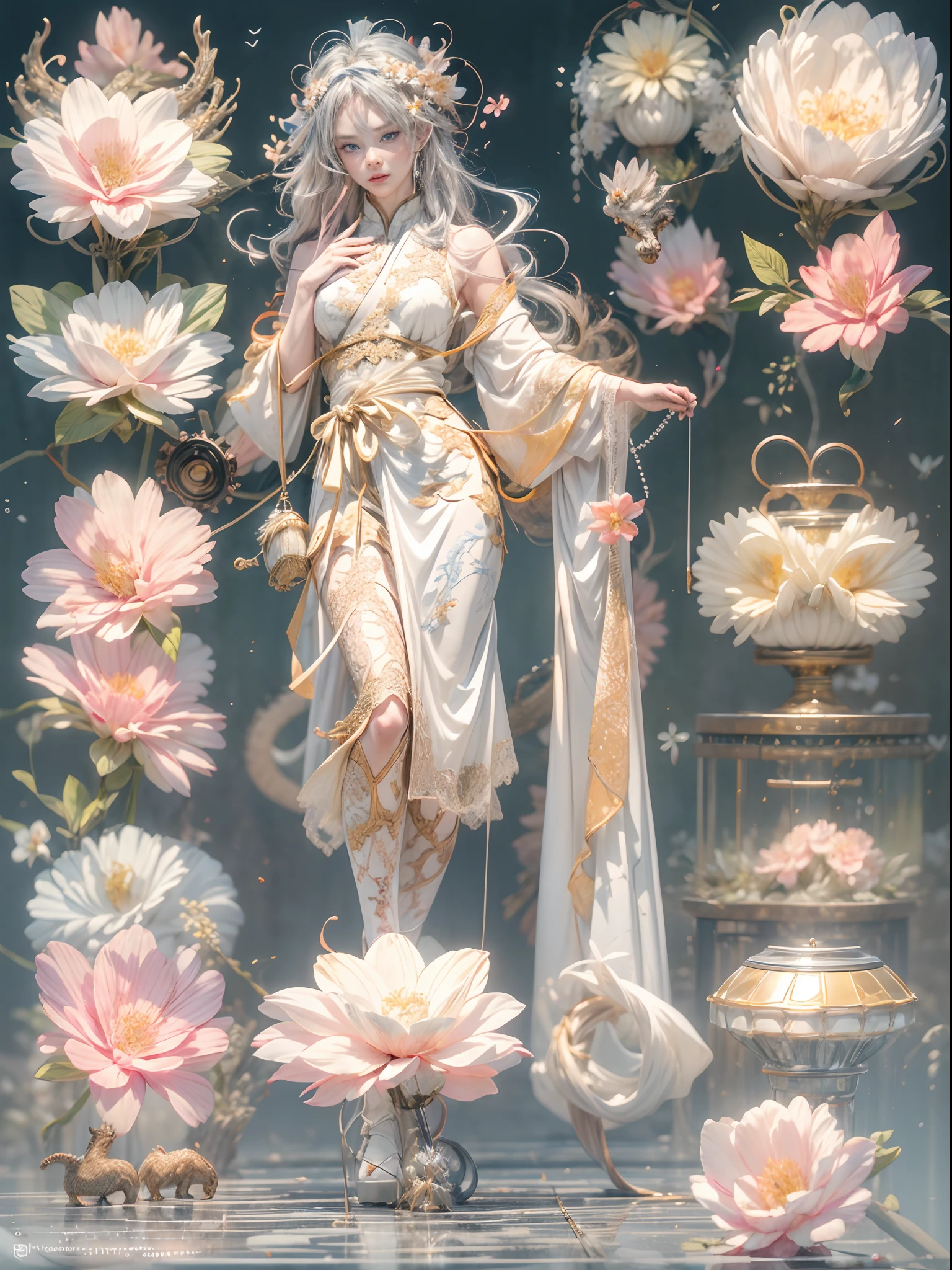 (Blind box toy style:1.2),(fully body photo),1个Giant Breast Girl,Accurate and perfect Japanese female face,The body of the golden ratio,Mechanical limb,Mechanical torso,Made of shiny white and silver translucent glass and titanium, Delicate lace dress, joyful expressions, Vibrant colors, Peach blossom background,Peach blossom petals fall, Bright sunlight,Delicate flower crown on the head:1.2,Blue eyes:1.2,(Behind him stands a transparent Chinese dragon),future-tech,Oriental elements,Dreamy light,(globalillumination,Ray traching,hdr,Unrealistic rendering,Rational design,high detal,tmasterpiece,best qualtiy,hyper HD,cinmatic lighting)
