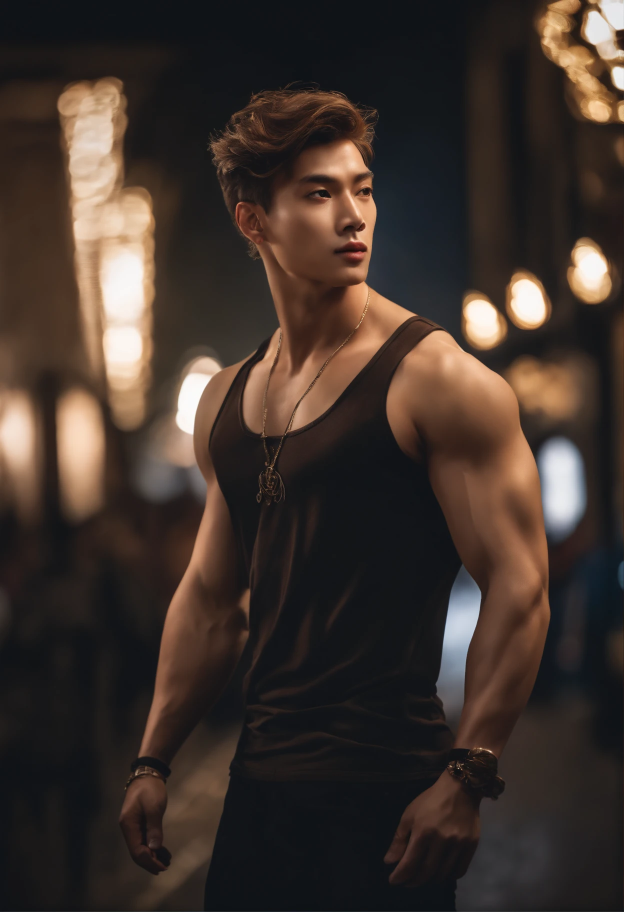 8k, masterpiece, RAW photography, best quality, photorealistic, highly detailed CG unity 8k wallpaper, depth of field, cinematic light, lens flare, ray tracing, (extremely beautiful and charismatic face, beautiful lips, beautiful eyes), intricately detailed face, (ultra detailed skin), 1 man, in nature, in deep shadows, beautiful European male, kpop idol, 1 male, (very strong and muscular body:1.3), (looking at audience), (great determined look) :1.3), (sleeveless), (fashion city night, dark night, neon signs, blurred background), fashion street night, (people in back:1.3), beautiful earrings, bracelets, necklace, pantyhose, clear eyes, walking, (pale skin), (big eyes), face forward, (upper body shot), (a loose clothing:1.3), (brown hair), (bosh clothing, (transparent), (looking at audience:1.3) very strong ,, turning his back, (back shot), transparent, medium-sized hips.