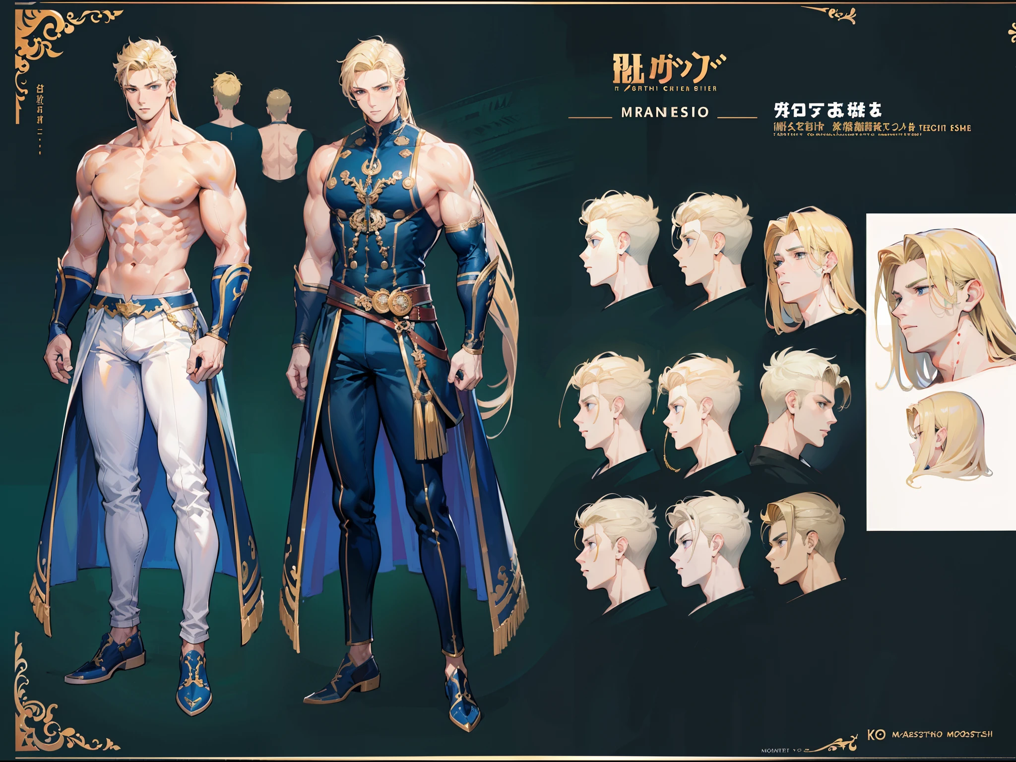 ((Masterpiece, Highest quality)), Detailed face, character design sheet, full bodyesbian, Full of details, frontal body view, back body view, Highly detailed, Depth, Many parts, Muscle boy with blonde hair,handsome man, navy, commander, man tall, pectoral muscles, abs