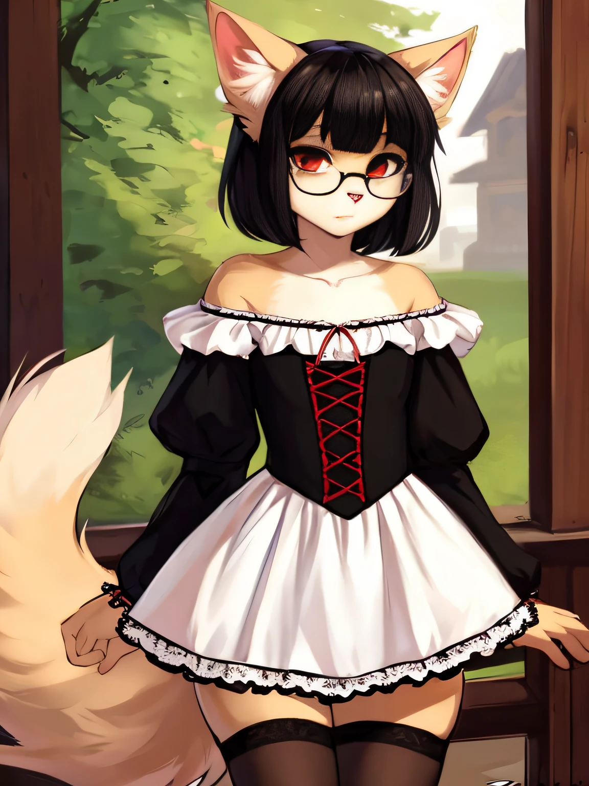 very skinny, tall, cat, (tan fur), fluffy tail, big fluffy tail, fluffy fur, long-sleeves, stockings, lolita fashion, 1girl, solo, female, black hair, short hair, straight hair with bangs, red eyes, blank stare, cowboy shot, big ears, by zackary911, (coffeesoda:1.1), hioshiru, zackary911, glasses, (tan ears)