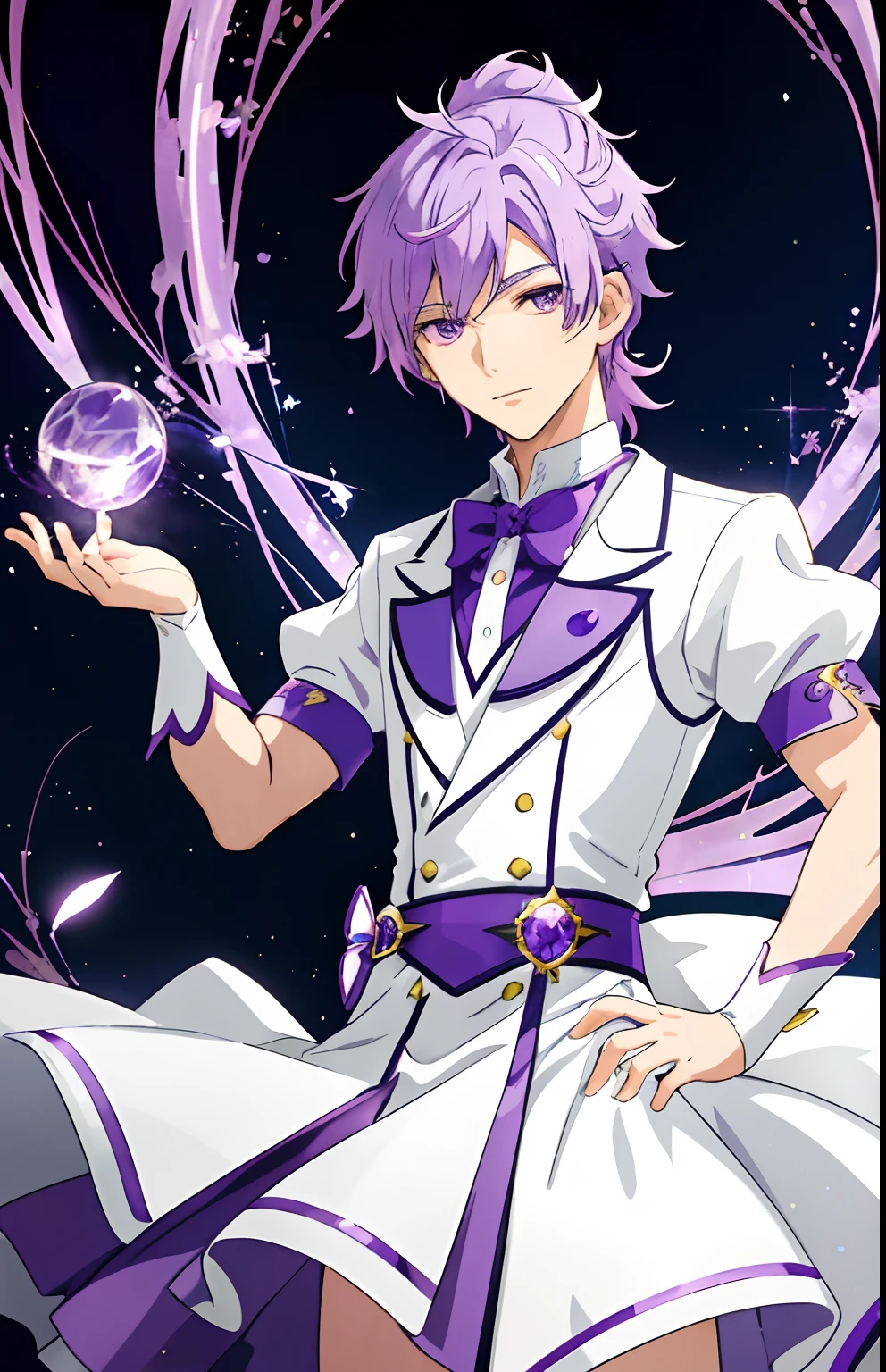 Anime boy in white and purple dress poses for photo, Boy with short purple hair, Portrait of a magical boy, Prince of Amethyst, Official Character Art, Magical Boy, Magical Boy Style, hight resolution, Cure, Sparkling Magical Boy, short ponytail, Official art, Wallpaper!, with glowing purple eyes, Anime Boy