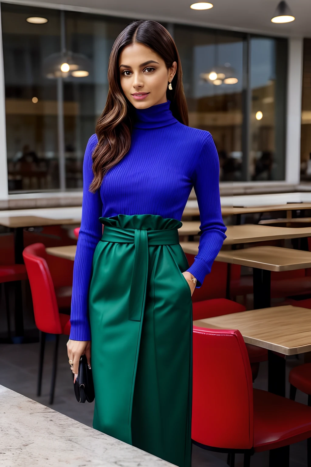 mulher branca, long hair up to the brunette waist, businesswoman, Wearing the Prada-inspired summer collection, Milan Fashion Week, mfw, nyfw, terno verde e turtleneck roxo , Estilo Vogue, corpo todo, Feliz, arquetipo criativa, olhando para camera, em uma cafeteria, poses diferentes, sentada no banco