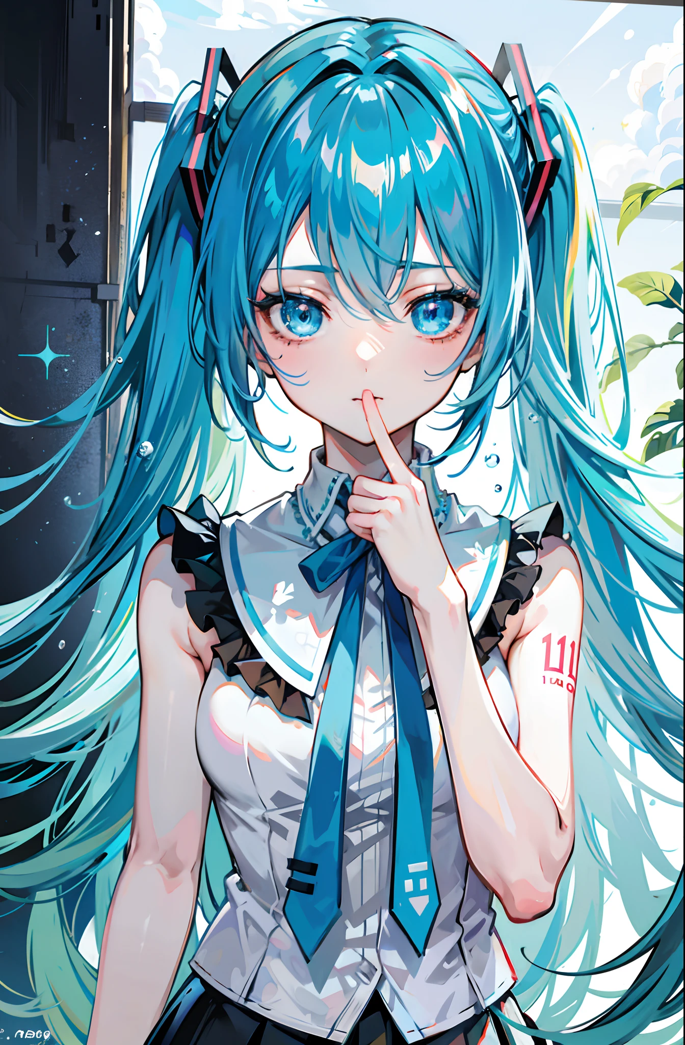 miku hatsune : 1.3, blue hair: 1.2, school uniform, Daytime: 1.2,In the garden: 1.1, flowers, Film lighting, Surrealism, UHD, accurate, Super detail, textured skin, High detail, Best quality, 8k,Thin bangs, (colorful splashes),colorful bubble,(shining), thick body, sleeveless, well drawn hands, focus on face, long fangs