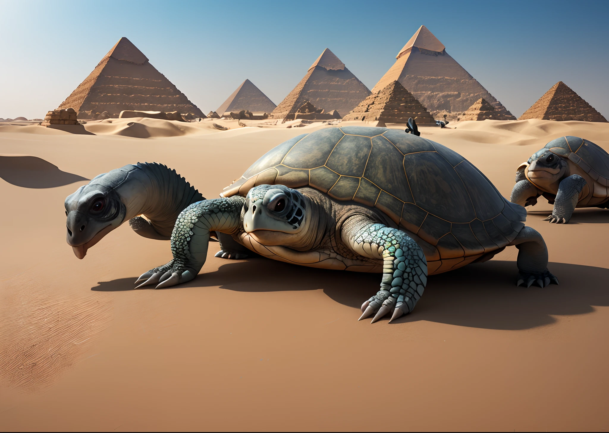 Prehistoric turtle in a futuristic Egyptian land with the pyramids of gaza, photo real, 8K, 16:9, ultra detail, ultra quality, afternoon feel