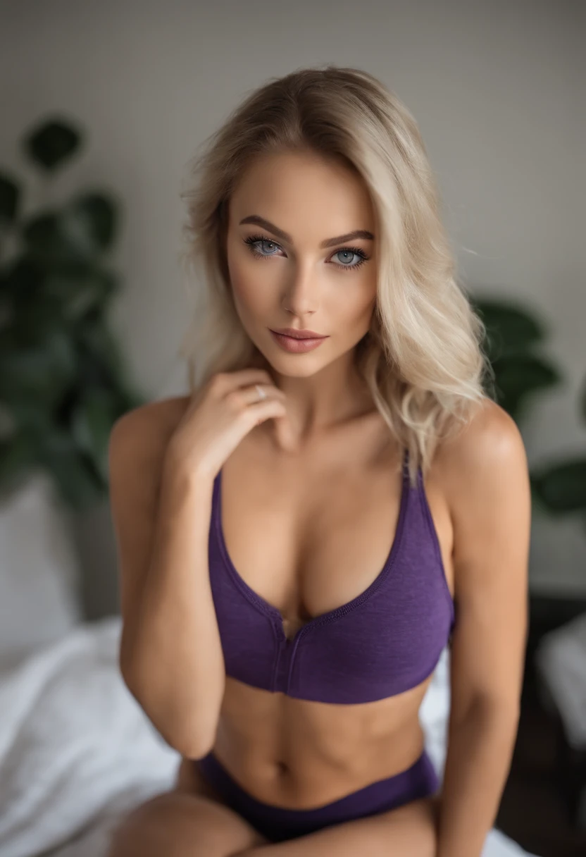 woman with matching tank top and panties, Sexy girl with blue eyes, portrait sophie mudd, portrait corinna kopf, blonde hair and large eyes, Selfie einer jungen Frau, Augen im Schlafzimmer, Violet Myers, ohne Make-up, Natural makeup, Blick direkt in die Kamera, Gesicht mit Artgram, dezentes Make-up, Stunning full body shot, im Schlafzimmer, Spaltung