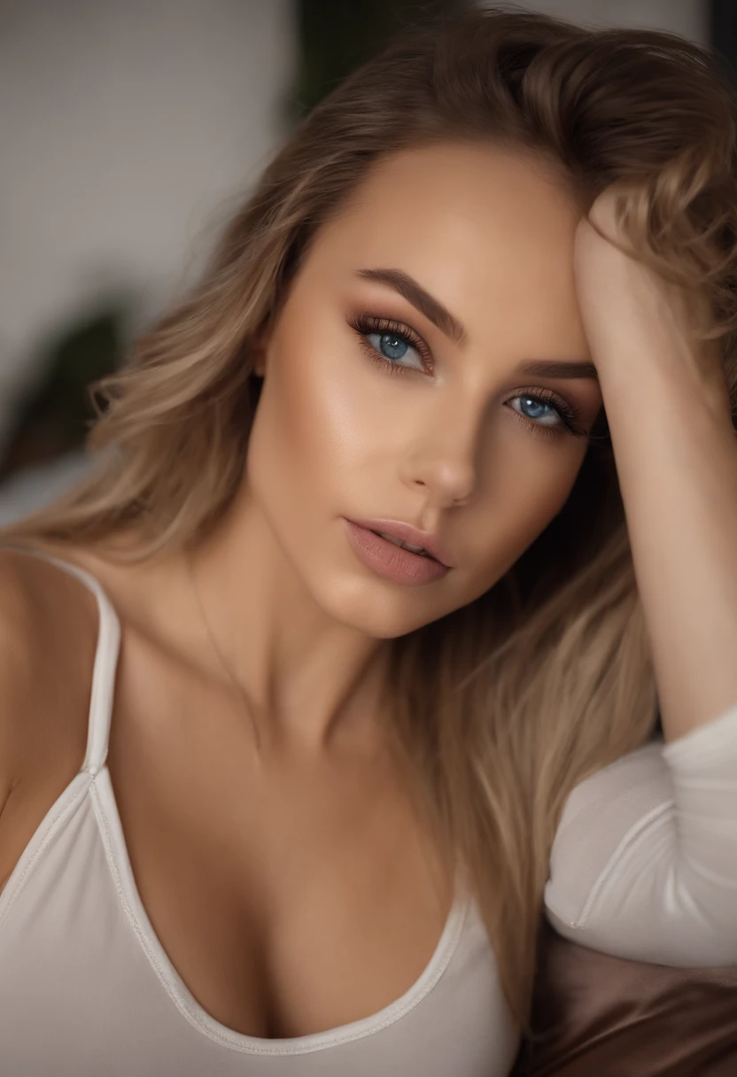 woman with matching tank top and panties, Sexy girl with blue eyes, portrait sophie mudd, portrait corinna kopf, blonde hair and large eyes, Selfie einer jungen Frau, Augen im Schlafzimmer, Violet Myers, ohne Make-up, Natural makeup, Blick direkt in die Kamera, Gesicht mit Artgram, dezentes Make-up, Stunning full body shot, im Schlafzimmer, Spaltung