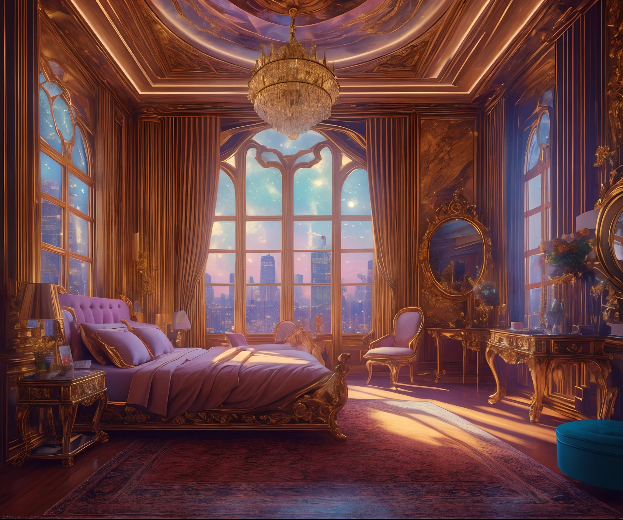 ((masterpiece)), (ultra-detailed), (intricate details), (high resolution CGI artwork 8k), This artwork emphasizes the contrast between past and future. Create an image of a lady's boudoir from the 17th century. The furniture should be antique, heavy, solid wood with subtle gilded details. The walls have elegant silk wallpaper in (muted colors) and the fabrics are embroidered french silk. The interior of the room should be warm and elegant, with simple royal chateau vibes. The interior of the boudoir should not have saturated colors. One of the walls in the boudoir features a big window. A futuristic cyberpunk 2077 city is visible through the window. It is nighttime. The city is highly detailed with bright neon signs, multiple sizes of buildings and windows, and high visual interest and depth of field. The city has a neon and synthwave aesthetic paired with ethereal fantasy touches. The interior of the boudoir should be gently illuminated with lights from the neon cyberpunk city. The sky should be a highly intricate galaxy background with aurora borealis. Camera: (The window should be the focal point.) Resolution: This is an extremely high resolution image. Pay special attention to enhancing small details and maintaining a pleasing aura.