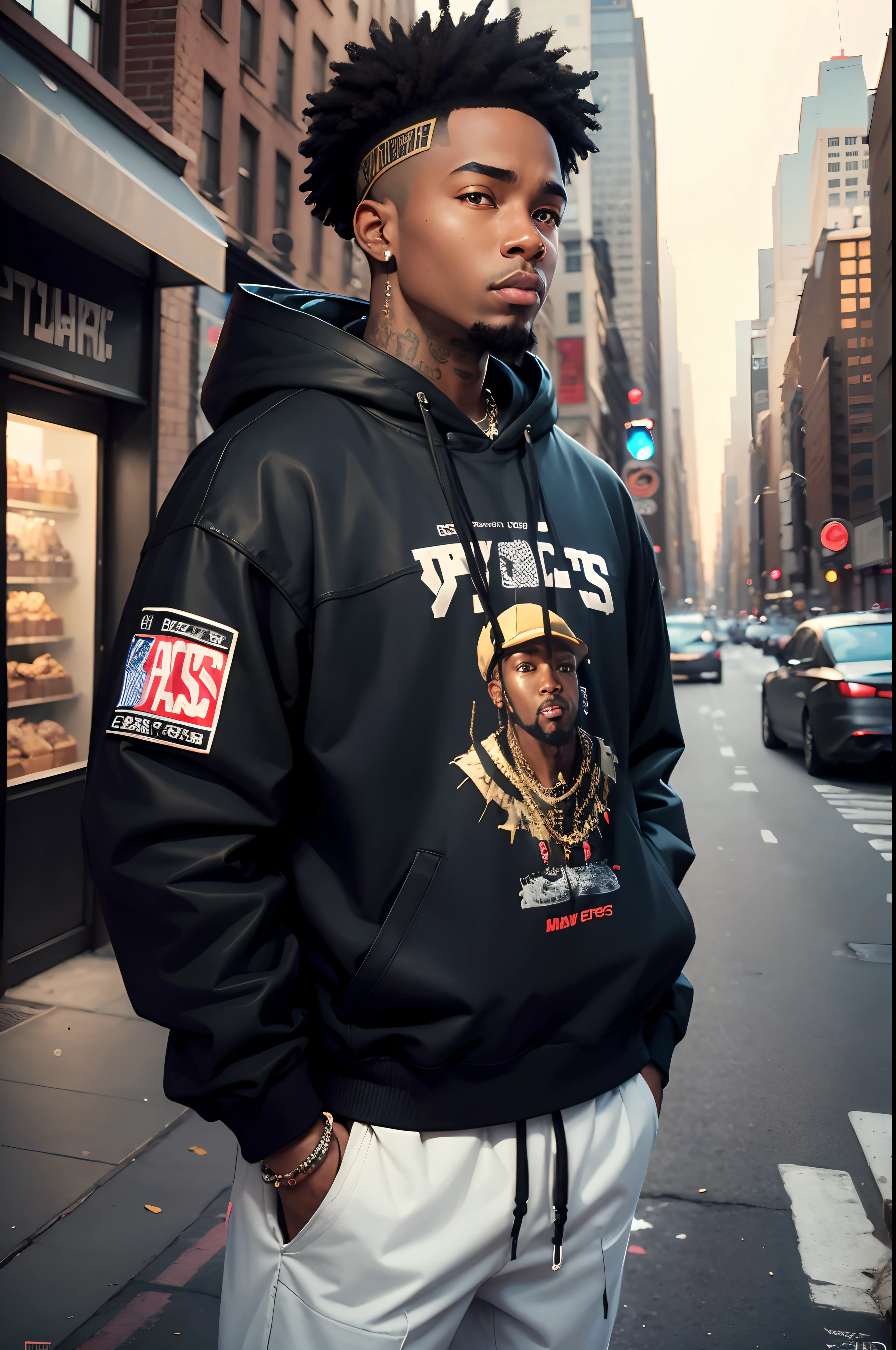 Black rapper、HIPPHOP、new york streets、One Man、speakers、a picture、(A hyper-realistic),(top-quality), (ultra-detailliert)、standing outside