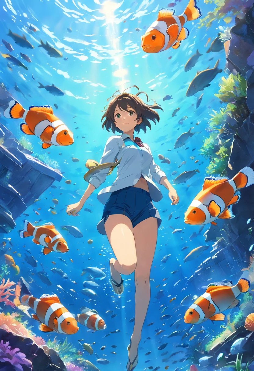 (best quality,ultra-detailed,realistic:1.37),deep blue underwater,swarming with a large school of clownfish gracefully swimming in the center,seaweed,rock formations,a sea turtle,anglerfish,and a diver.
