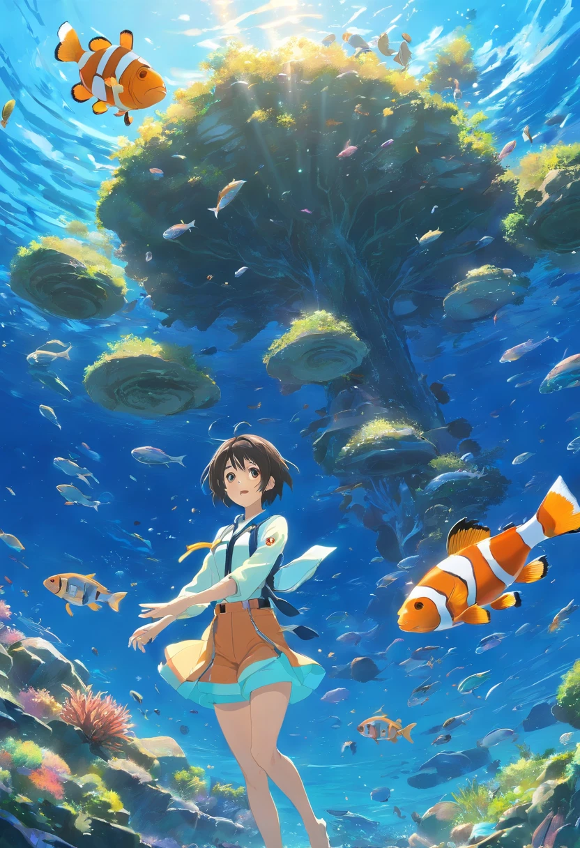 (best quality,ultra-detailed,realistic:1.37),deep blue underwater,swarming with a large school of clownfish gracefully swimming in the center,seaweed,rock formations,a sea turtle,anglerfish,and a diver.