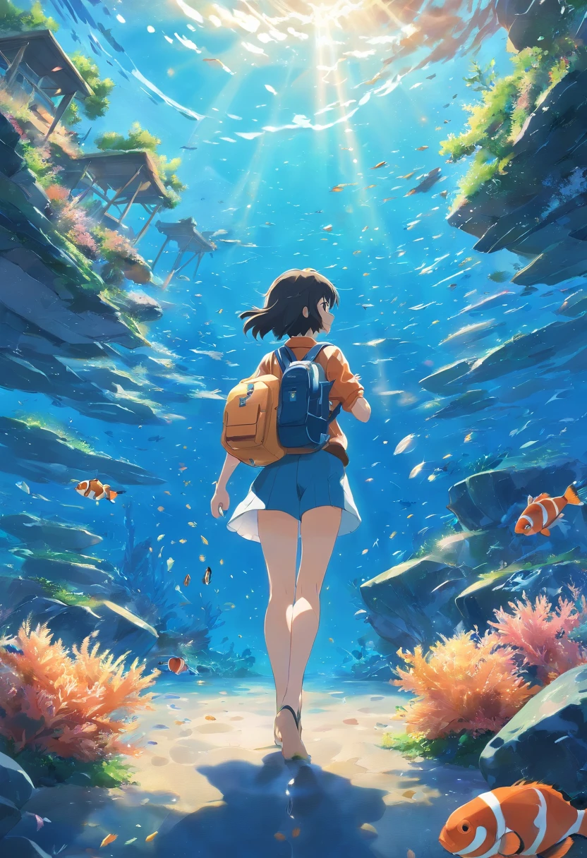 (best quality,ultra-detailed,realistic:1.37),deep blue underwater,swarming with a large school of clownfish gracefully swimming in the center,seaweed,rock formations,a sea turtle,anglerfish,and a diver.