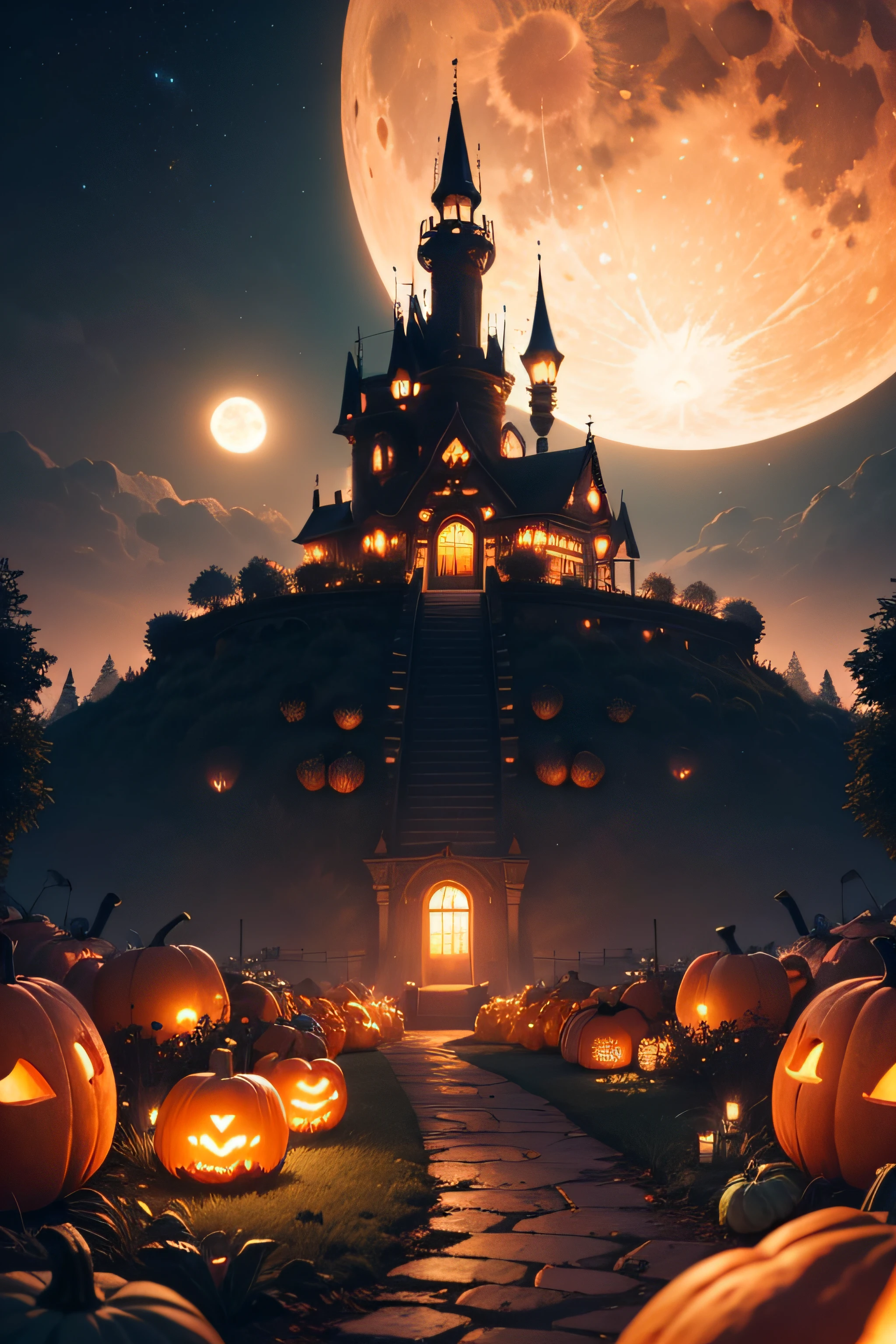 
An evil monster with a pumpkin head, on top of a throne he rules everything and everyone, this monster is surrounded by fog on top of an evil castle, he has deer serving him, and these servants are little pumpkin monsters