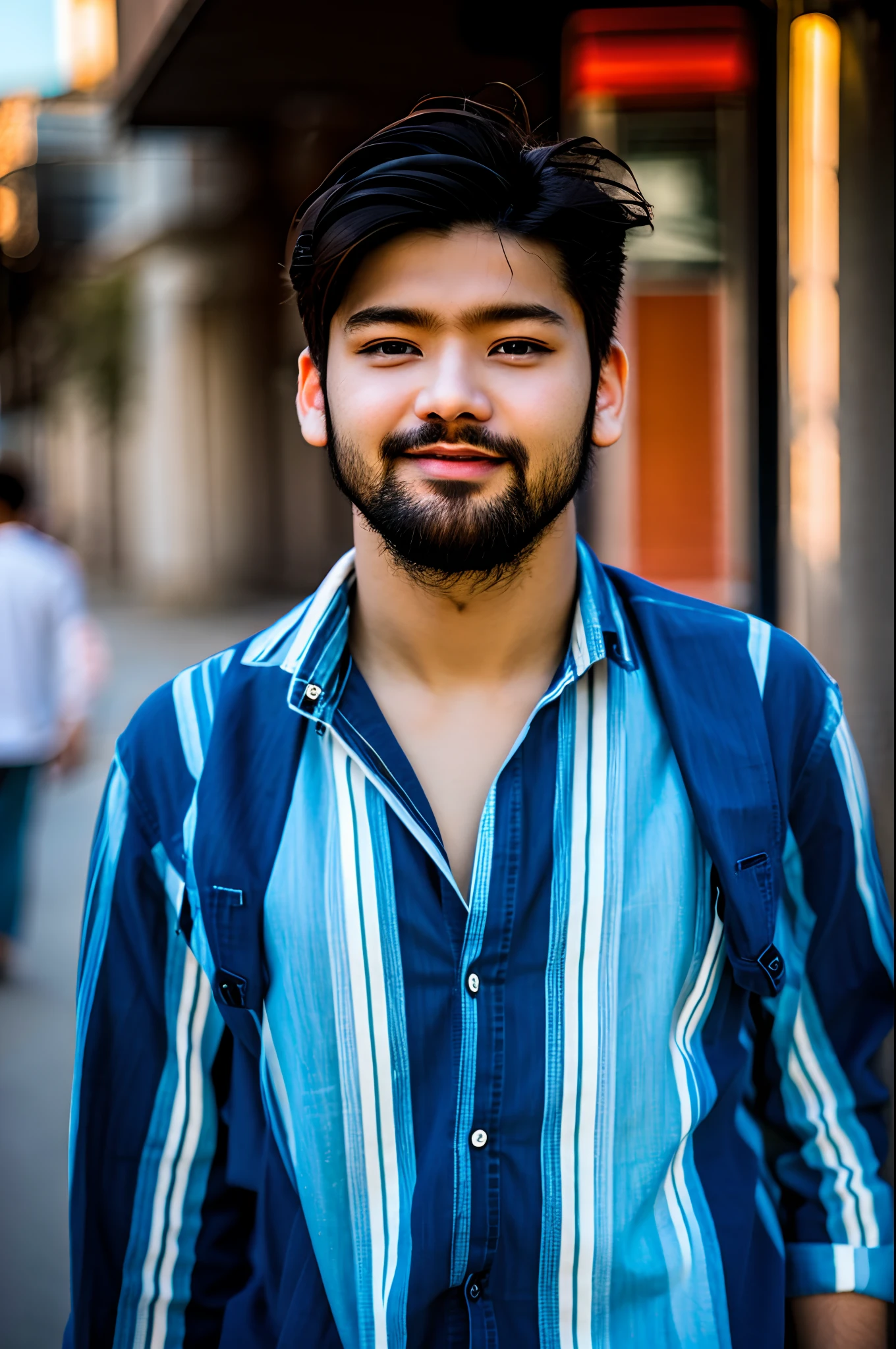 a boy posing on the street corner with denim shirt on, best quality, high res, 8k, 1girl, (huge breasts), day, bright, outdoor, (street:0.8), (people, crowds:1), (lace-trimmed dress:1.5, beautiful detailed sky, (dynamic pose:0.8),  soft lighting, wind, looking at viewer,