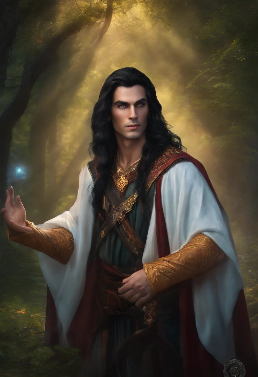 high elf male black hair conjuration wizard with familiar