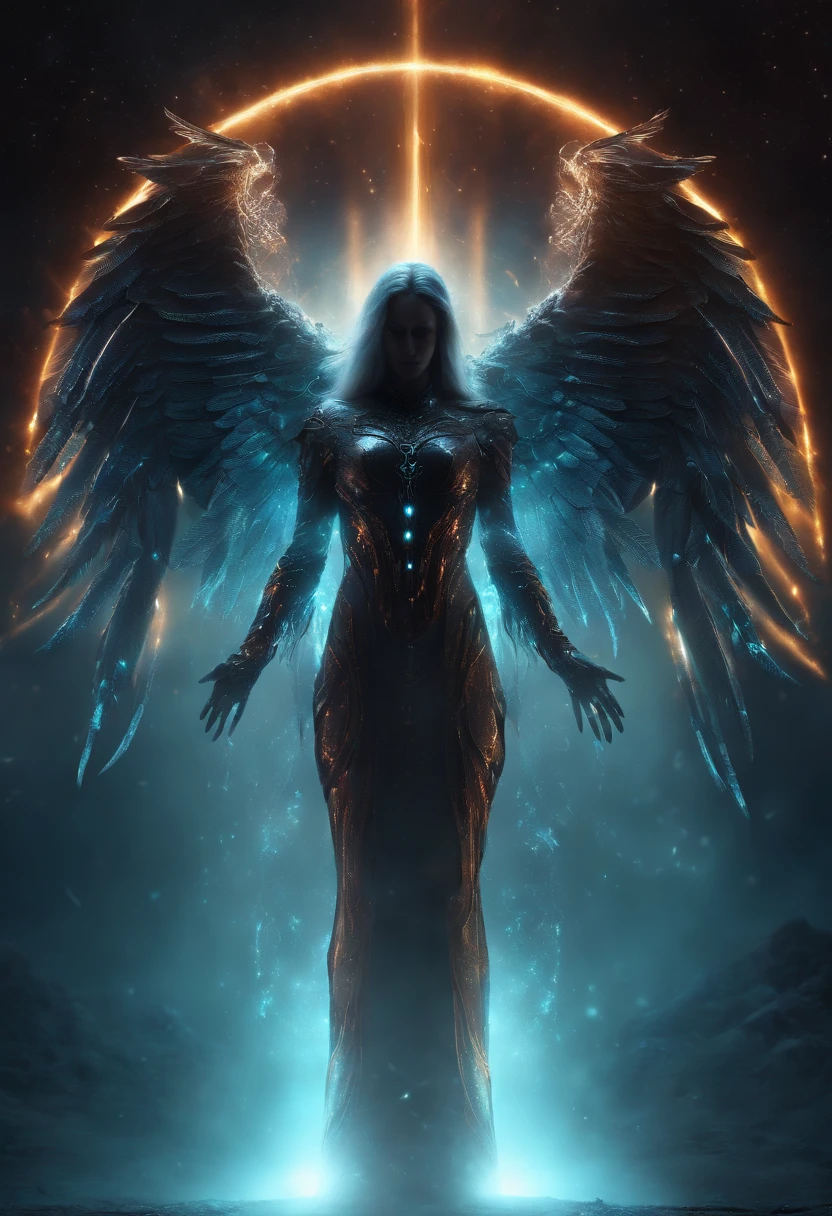 Cosmic Fallen Angel, glowing light eyes, Biomechanical, eerie, Creepy, nightmarish, Very bright colors, Light particles, with light glowing, Mshiff, wallpaper art, UHD wallpaper