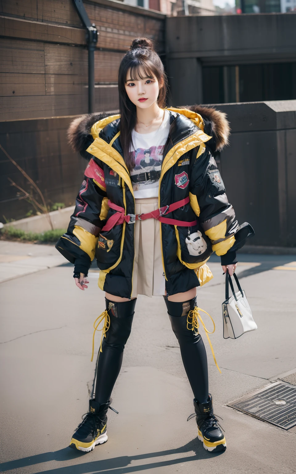 infp young woman、Good Style、A dark-haired、colorful fashion、Idol face、large full breasts、jaket、Skirt with slit、tights、long boots