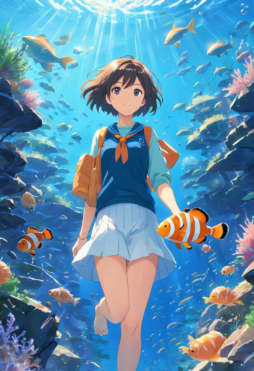 (Best Quality,Ultra-detailed,Realistic:1.37),Deep blue in the water,Flock to large flocks of clownfish swimming gracefully in the center,sea weed,boulders,sea turtle,monkfish,and divers.