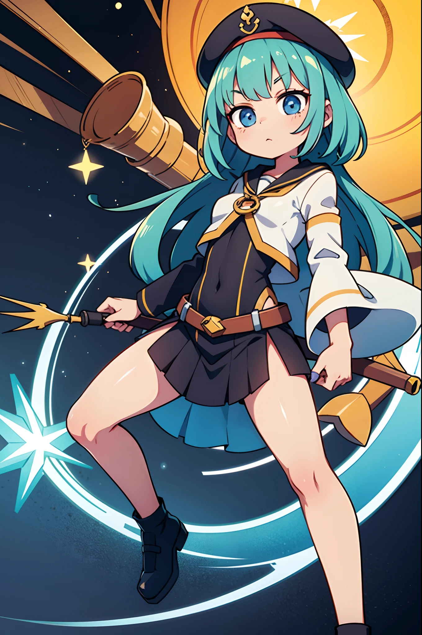 Woman with weapon coming out of body、kawaii、A magic circle appeared above my head and at my feet、ship deck
