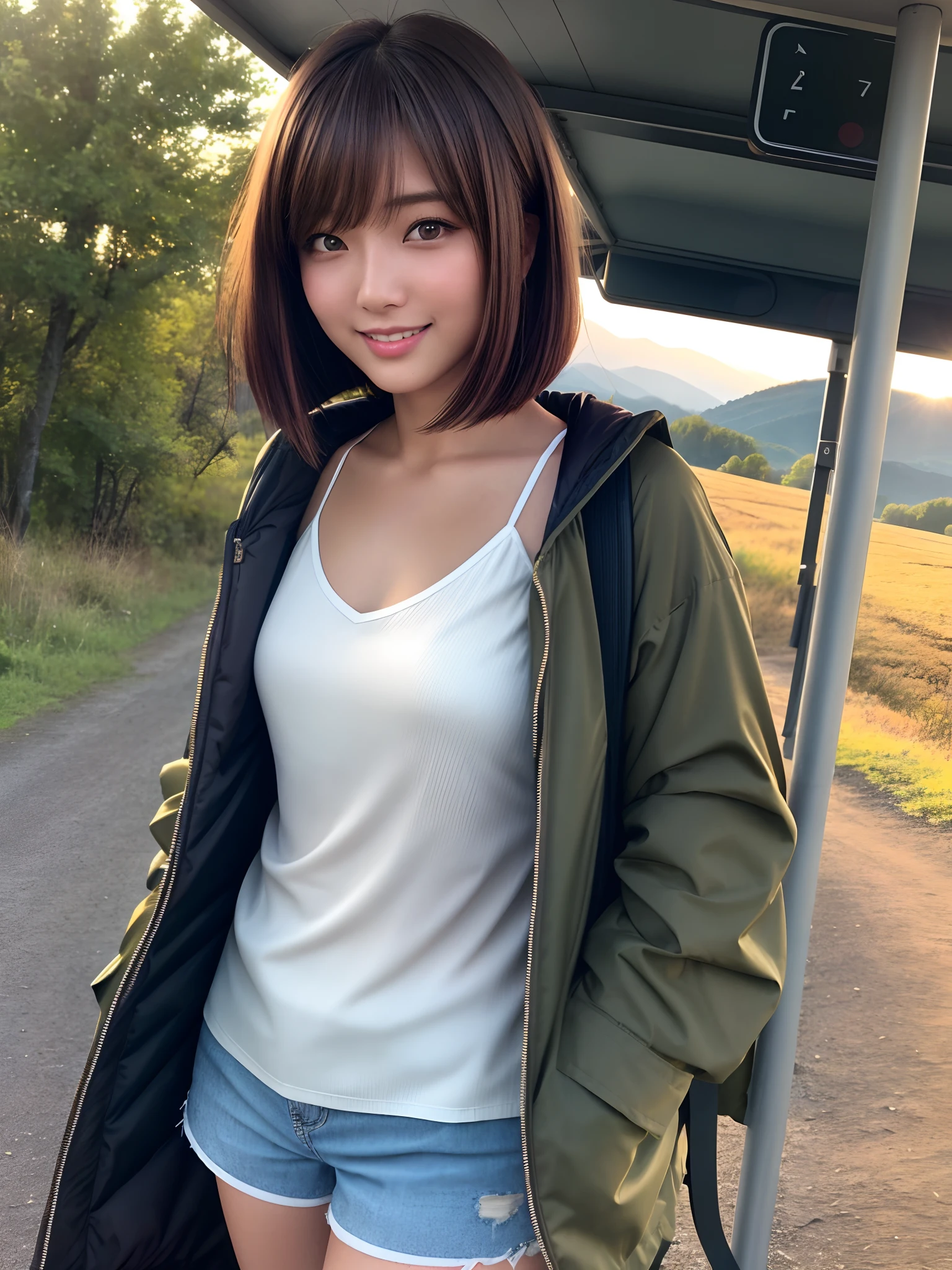 product quality, 1 girl, a cowboy shot, front view, a Japanese young pretty girl, bob hair, glamorous figure, wearing a parka over a satin yellow camisole, short pants, waiting for a bus alone at an old bus stop surrounded by mountains in countryside with a big smile, in the sunset, carrying a rucksack, hyper cute face, glossy lips, double eyelids for both eyes, natural makeup, shiny smooth light brown bob hair, asymmetrical bangs, tanned skin, central image, high resolution, high detailing, detailed hairstyle, detailed face, cinematic lighting, octane rendering, vibrant, hyper realisitic, perfect limbs, perfect anatomy