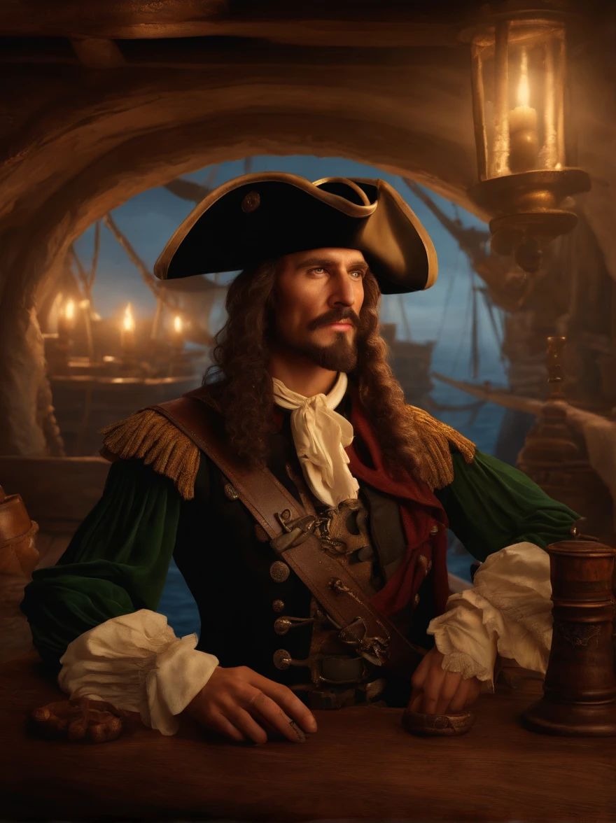 Julius Caesar on a pirate ship, chatting at the ship's table with pirates, (best quality,4k,8k,highres,masterpiece:1.2),ultra-detailed,(realistic,photorealistic,photo-realistic:1.37), oil painting, detailed facial features, expressive eyes and lips, regal appearance, Roman attire, vibrant colors, dramatic lighting, flickering candlelight, stormy sea, pirate flags, wooden ship deck, golden goblets, maps and charts, rugged pirate characters, beards and tattoos, pirate hats, laughter and cheers, intense conversations, roaring waves, silver moonlight, mysterious aura, adventurous atmosphere, historical fiction, cinematic ambiance.