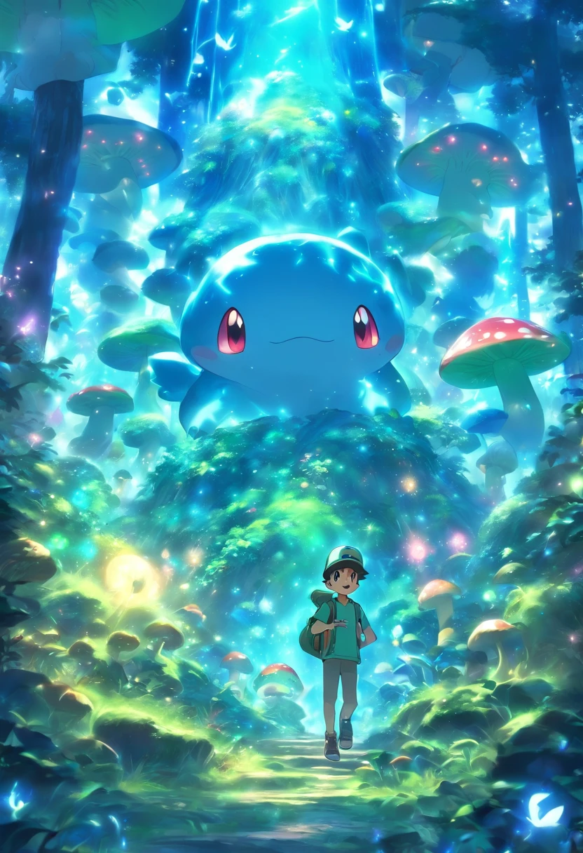 Anime boy in the Enchanted Forest, There are magical mushrooms, big trees, Flying fish, Mainly blue and green,Bulbasaur, Anime boys wear green, He wears a Pokémon-related hat, There is the glowing Bulbasaur,The child looks impressed