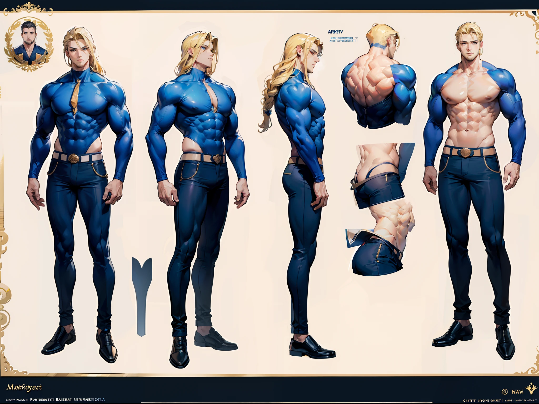 ((Masterpiece, Highest quality)), Detailed face, character design sheet, full bodyesbian, Full of details, frontal body view, back body view, Highly detailed, Depth, Many parts, Muscle boy with long blonde hair,handsome man, muscle body, navy, commander, man tall, pectoral muscles, abs