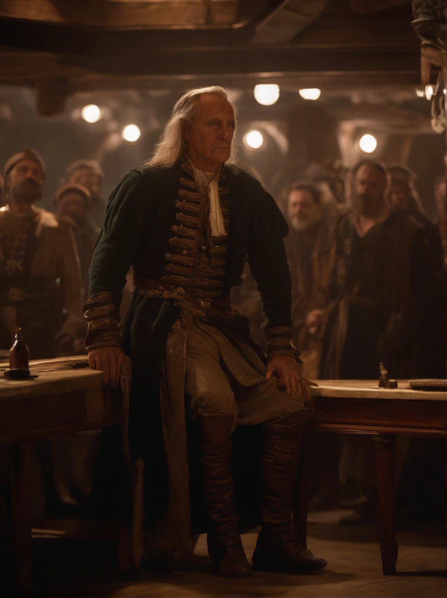 Julius Caesar is on a pirate ship, and is chatting at the ship's table with the pirates.