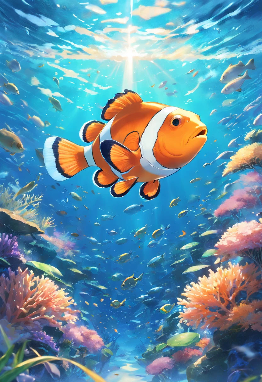 (Best quality,Ultra-detailed,Realistic:1.37),Deep blue underwater,A large school of clownfish swims in a spin in the center,seaweed,one sea turtle,Anglerfish.
