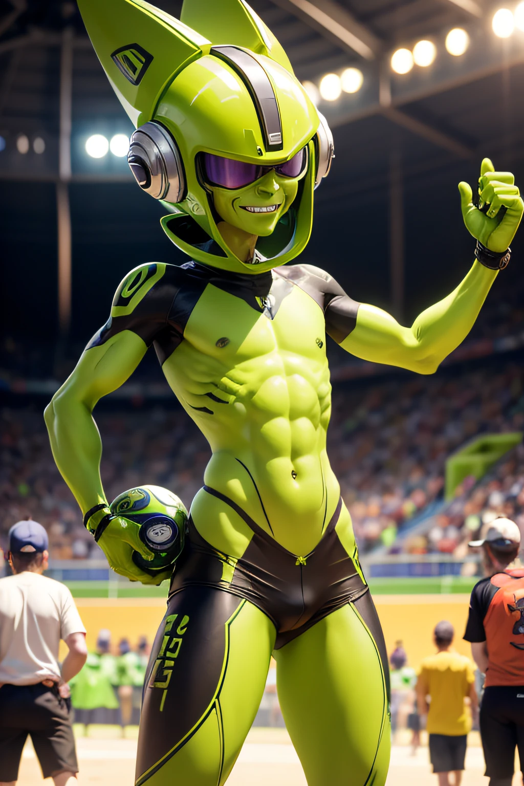 Boltron is an alien fan with lime green skin, four lithe arms, and a hat shaped like a sports helmet, known for his unwavering passion and infectious enthusiasm in the stands.