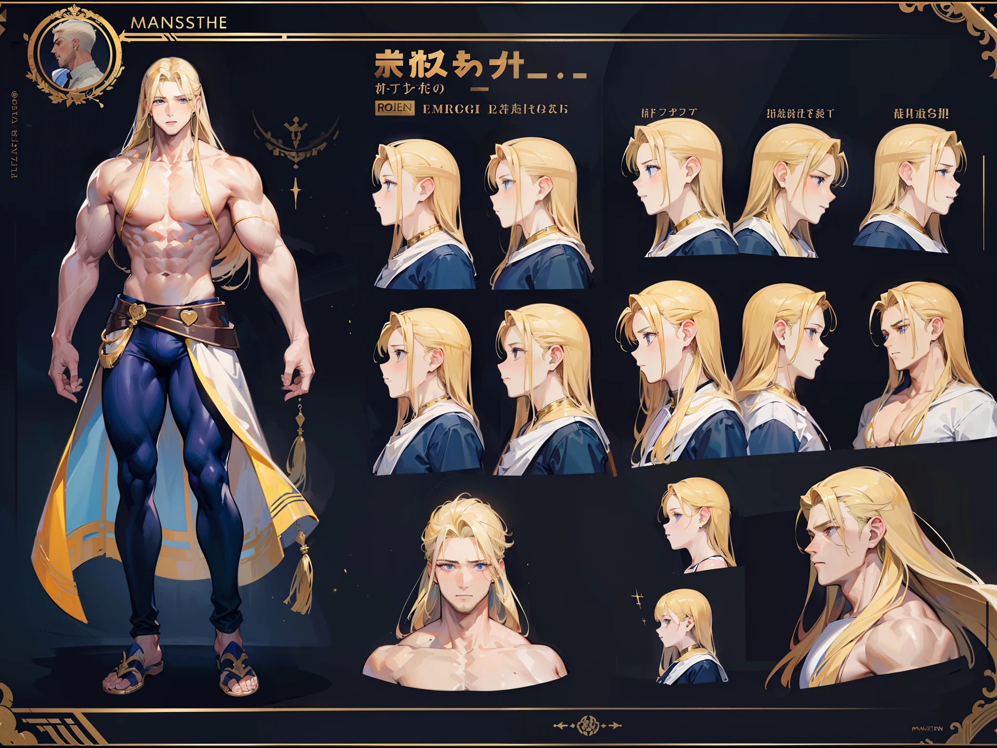 ((Masterpiece, Highest quality)), Detailed face, character design sheet, full bodyesbian, Full of details, body front view, body back view, Highly detailed, Depth, Many parts, Muscle boy with blonde long ponytail hair,handsome man, muscle body, outfit male gods, man tall