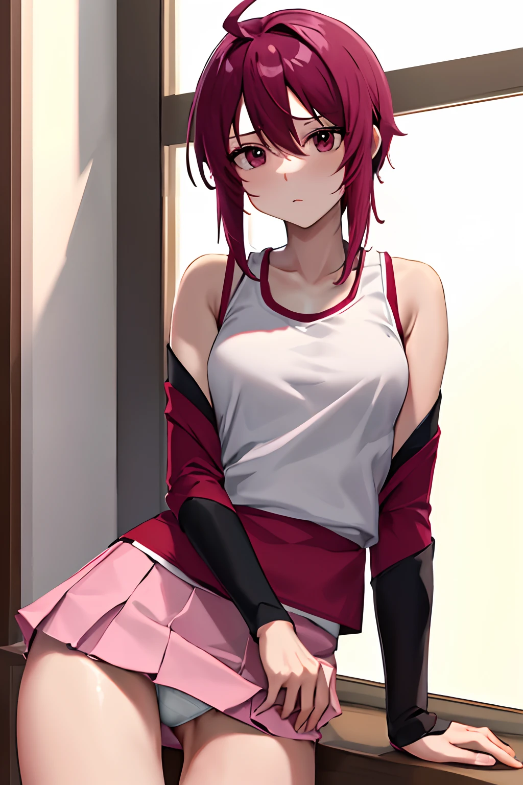 Anime girl with red hair and white shirt posing by window - SeaArt AI