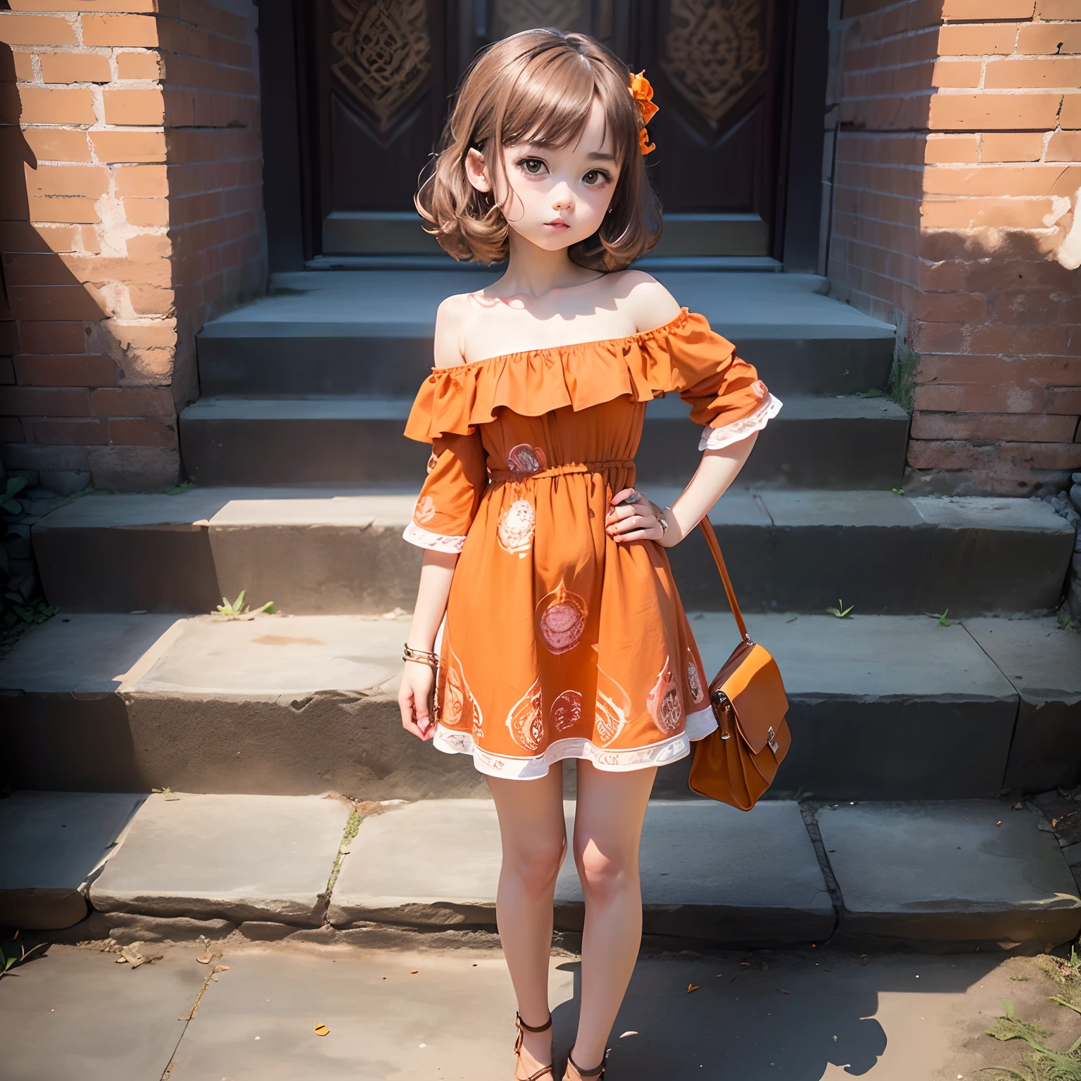 Cute  Chibi Anime、(Best Quality）,（masutepiece）、Sauvage Hair、(henna-brown jasper pattern off-the-shoulder dress：1.4）、Put one hand on your hip、Stand with your legs open、Brown Heel、Orange shoulder bag、Long brick staircase、a small face、petibody（Chibi:1.2)