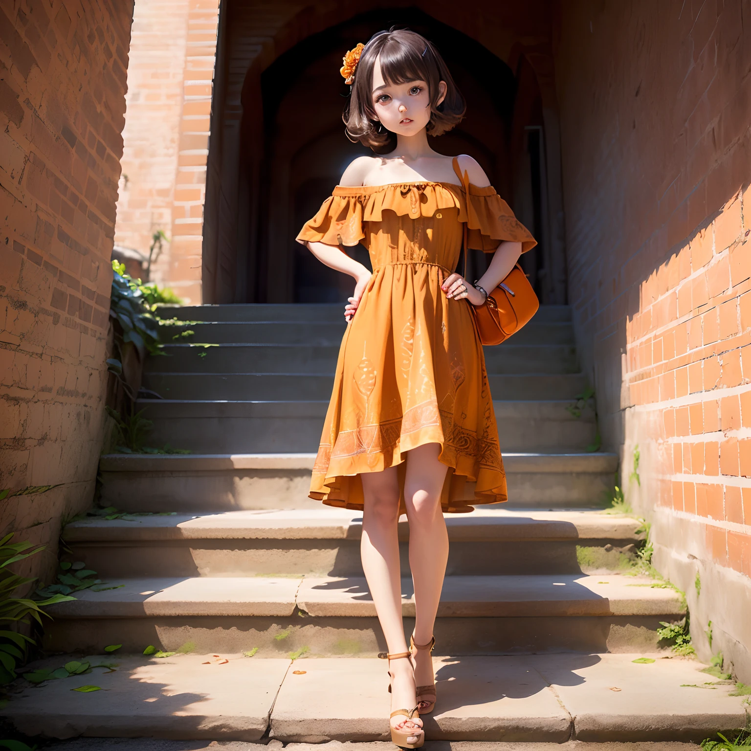 Cute  Chibi Anime、(Best Quality）,（masutepiece）、Sauvage Hair、(henna-brown jasper pattern off-the-shoulder dress：1.4）、Put one hand on your hip、Stand with your legs open、Brown Heel、Orange shoulder bag、Long brick staircase、a small face、petibody（Chibi:1.2)