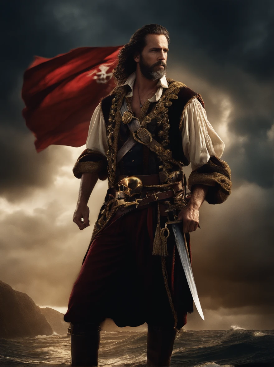 gold decorated pirate ship,dark stormy seas,majestic ocean waves,Julius Caesar commanding,powerful and confident posture,ancient Roman attire,stern expression,intense eyes,commanding presence,emphasizes his authority,pirates with eye patches,bearded and rugged,holding swords and guns,exuding danger and mischief,golden treasure chests overflowing with jewels,sparkling gemstones and gold coins,pirate flag with a skull and crossbones,ragged sails billowing in the wind,dramatic lighting with dark shadows,subtle red and blue color tones,glimmering moonlight reflecting off the water,mysterious atmosphere,highly detailed brush strokes,create a sense of realism and depth.