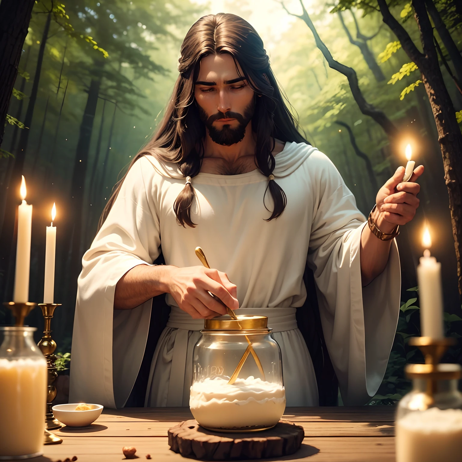 Jesus on a mountain with Brown Skin Long Hair Tied, Wearing white robe, he is preparing a jar of cream with a golden lid.. seu olhar misterioso. is in the middle of a magical forest